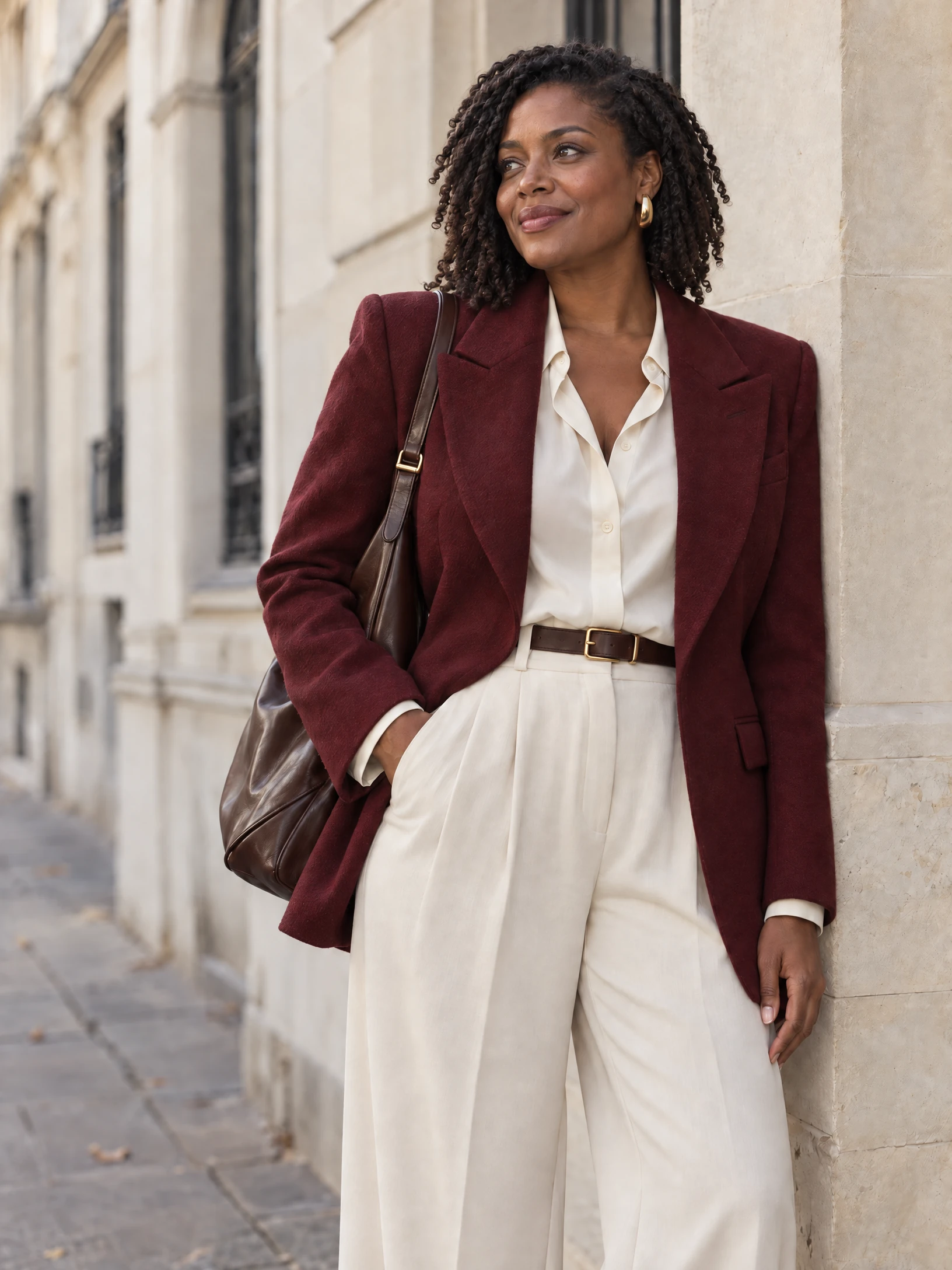 Inspiration de style : une femme en blazer bordeaux structuré et pantalon ivoire fluide